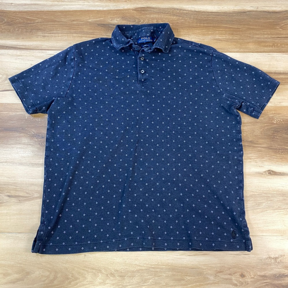 Polo Ralph Lauren Polo Shirt‎ Mens M Classic Fit Diamond Print Navy Blue Casual